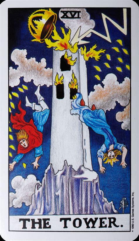 The tower cards. The Tower Card The Tower card illustrates a tall and ominous structure that is being struck by a bolt of lightning. This strikes the top of the tower and causes the crown (symbolical of false authority) to fall. The people in the card can be seen falling, illustrating their descent into chaos due to the destruction of their belief systems. 