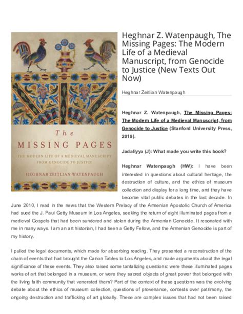 Download The Missing Pages The Modern Life Of A Medieval Manuscript From Genocide To Justice By Heghnar Zeitlian Watenpaugh