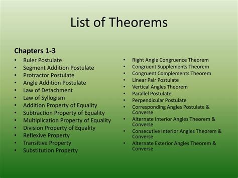 Theorem examples.  Names of some other mathematical theorems are: Alterna...