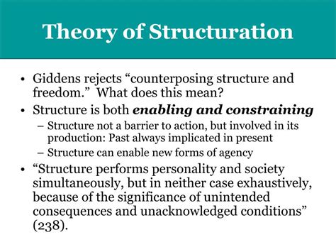 Theory of structuration. Structuration theory recognizes the duality of agency and structure, and provides a framework for understanding social phenomena at a meso‐level of analysis. The theory describes three ... 