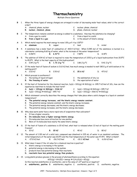 Thermochemistry Assessment Answers Section