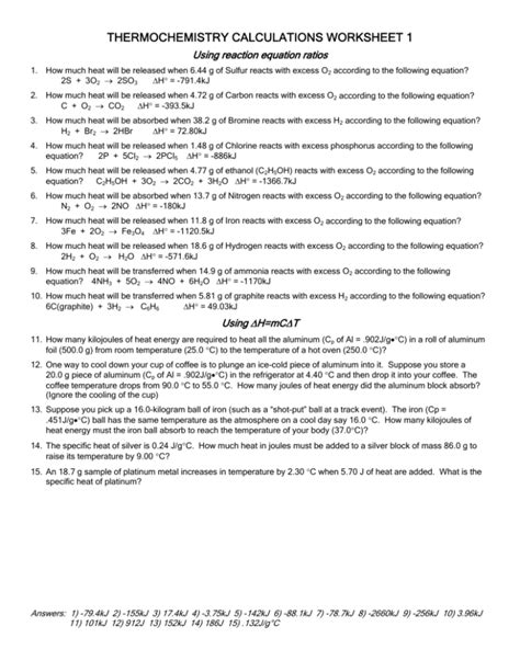 Thermochemistry Calculations Worksheet