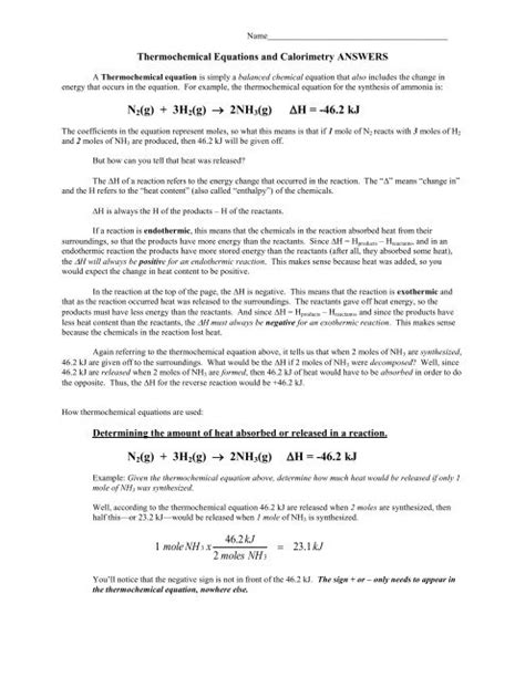 Thermochemistry Packet Answers