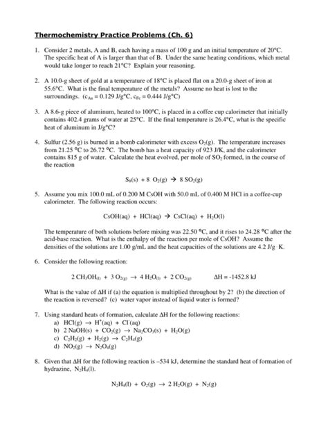 Thermochemistry Problems Practice Only 17 Answers