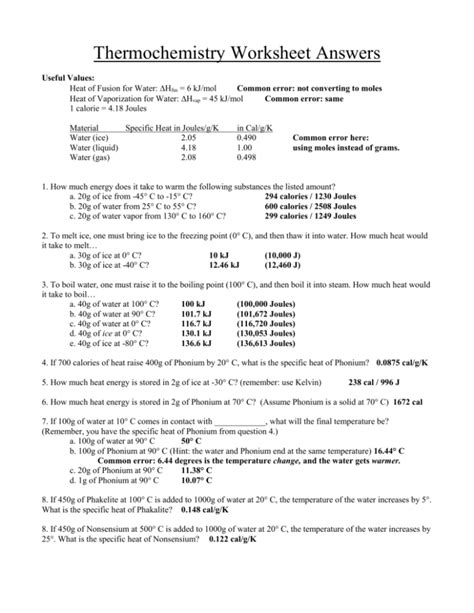 Thermochemistry Worksheet 1 Answers