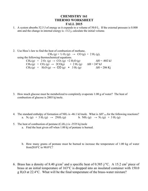 Thermochemistry Worksheet Answers