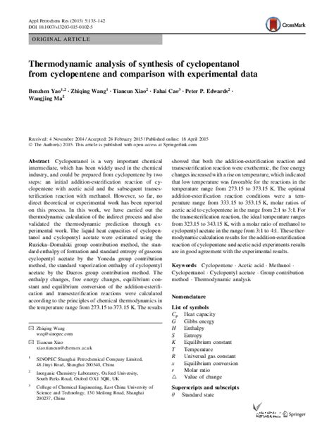 Thermodynamic analysis of synthesis of cyclopentanol …