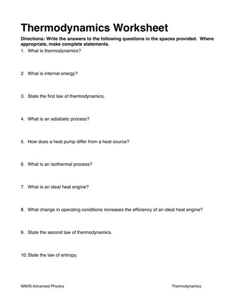 Thermodynamics Worksheets Answers