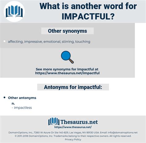 Thesaurus impactful. Synonyms for IMPACTING: affecting, influencing, impressing, touching, striking, reaching, interesting, swaying; Antonyms of IMPACTING: boring, tiring, wearying ... 