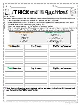 Thick and Thin Questions: Anchor Chart Worksheet by Prep with Miss P