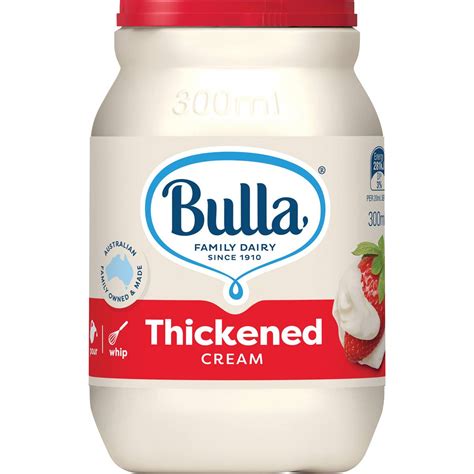 Thickened cream. Product description. Bulla Thickened Cream 300ml is a great all-purpose cream easy to whip and keeps a stable foam. This versatile cream is also perfect for pouring over your favourite desserts. 