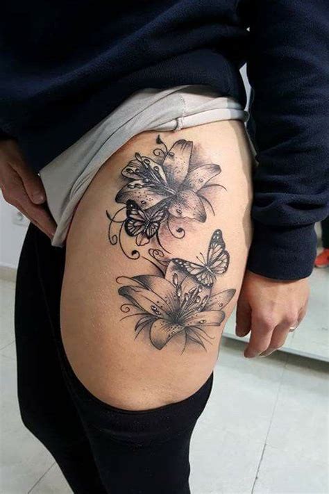 Designs on the thigh can go from above the hip bone to the middle of the outer thigh or be just on either the outer or inner thigh. Some people get tattoos on just the lower part of their thigh, or on the front or back of their thigh. Having so many different options for placement allows for a lot of creativity in designing or choosing the .... Thigh hip tattoo