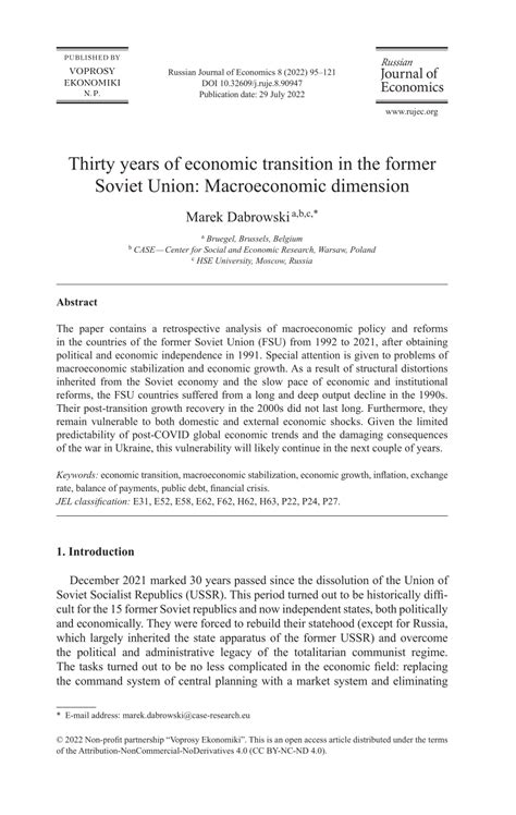 Thirty years of economic transition in the former Soviet Union ...