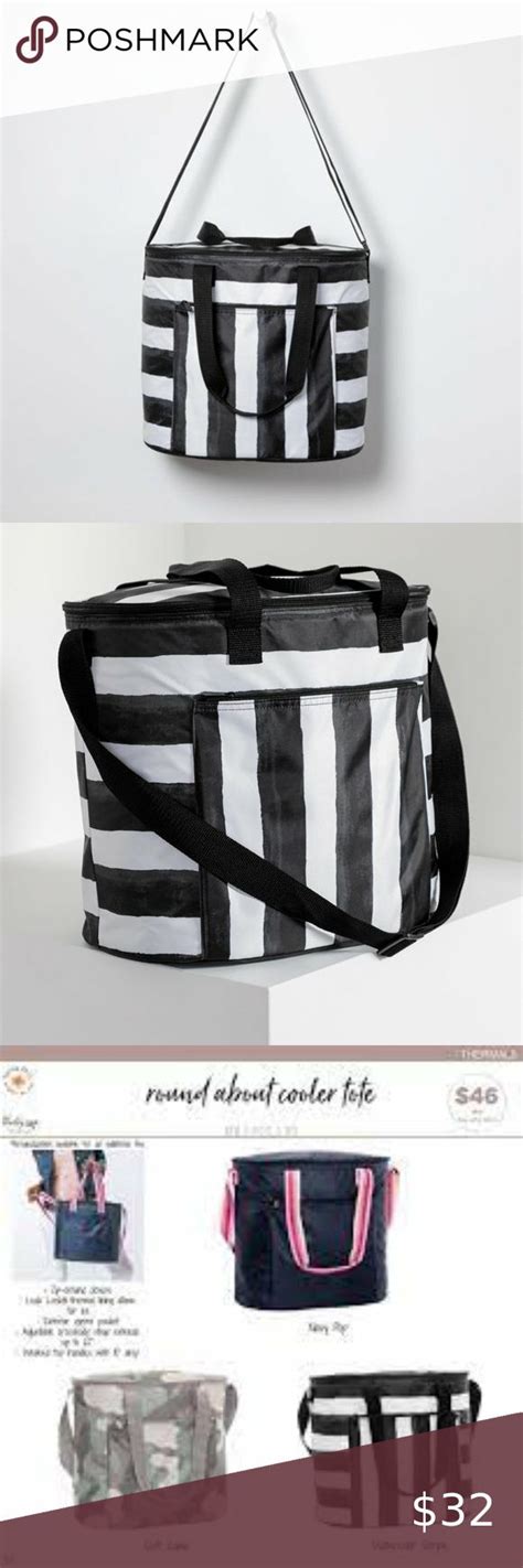 Thirty-One Round About Cooler Watercolor Stripe NEW NIP black white …