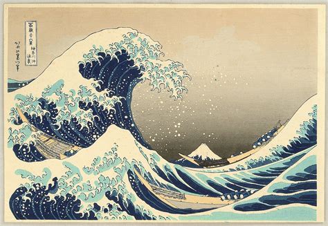 Thirty-Six Views of Mount Fuji: The Great Wave Off the Coast of Kanagawa, Katsushika Hokusai, Edo period, 19th century, From the collection of: Tokyo National Museum. This painting by Hokusai may in fact be his most recognized. This particular woodblock has bold sweeping lines that highlight the waves with deeply saturated blues and white peaks..
