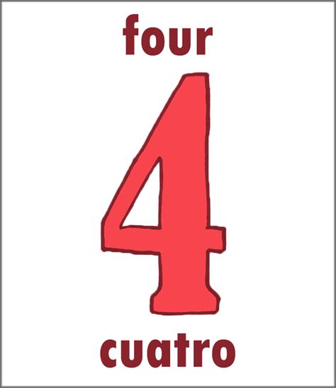 Numbers in Spanish: Cuatro, Four/Cinco, Five - EnchantedLearning.com. Advertisement. EnchantedLearning.com is a user-supported site. As a bonus, site members have access to a banner-ad-free version of the site, with print-friendly pages.. 