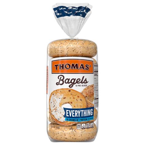 Thomas everything bagel. Thomas' Everything Bagel Thins. 1 bagel (46g) Log food: Thomas' Cinnamon Raisin Swirl Bread. 1 slice (28g) Log food: Thomas' Plain Mini Bagels. 2 bagels (86g) 
