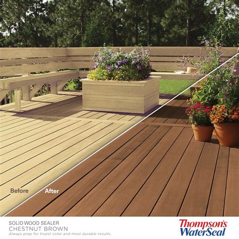 Product details. Thompson’s WaterSeal Semi-Transparent Wood Sealer in Chestnut Brown provides long-lasting exterior wood protection from water and sun damage, as well as provides a mold-and-mildew-resistant finish. It offers year-round protection in just one coat. The semi-transparent opacity adds moderate color and shows medium wood grain.. 