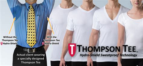 Thompson tee. The Thompson Tee slim fit deep V-neck shirt for women blocks 100% of underarm sweat stains and odor, guaranteed. This women's deep V-neck sweat proof undershirt features patented sweat proof underarm barriers that absorb underarm sweat, preventing moisture from seeping through your clothing. 