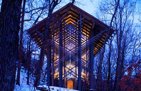 Thorncrown chapel photos. The Thorncrown Chapel shows us how proper planning can reduce a building’s impact on its site. The vertical and diagonal cross-tension trusses are made from lengths of pine cut to size so that ... 