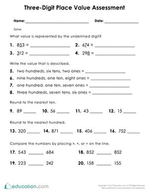 Three Digit Place Value Assessment Worksheet Education Com
