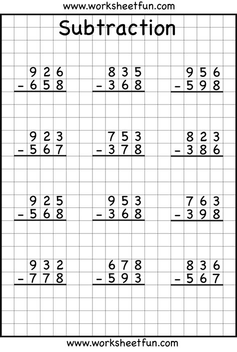 Three Digit Subtraction With Regrouping Worksheets