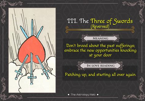 Three of swords reversed. The Three of Swords Reversed shows that the worst is behind you and you are starting to find closure and acceptance. The Four of Swords indicates a need for rest and introspection to allow yourself time to heal. Together, these cards imply a period of calm and inner peace after a difficult period, where you can process your emotions and regain ... 