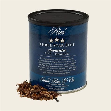 Iwan Ries: Three Star Blue 7oz Pipe Tobacco Product Number: 003-762-0002 Iwan Ries' original, world-famous blend, Three Star Blue features toasted Burley and Bright Virginias, with just a touch of Black Cavendish, Perique, and Latakia. . 