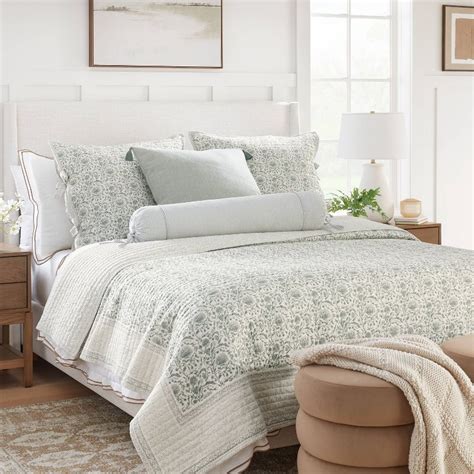 Threshold decorative border cotton slub quilt. Bring the beauty of foliage to the top of your bed with this Decorative Border Cotton Slub Print Quilt Sham from Threshold™ designed with Studio McGee. This cream slub pillow sham features a light teal botanical print and a decorative border to bring added charm to your bedding. Made of 100% cotton fabric, it offers comfortable year-round use. 