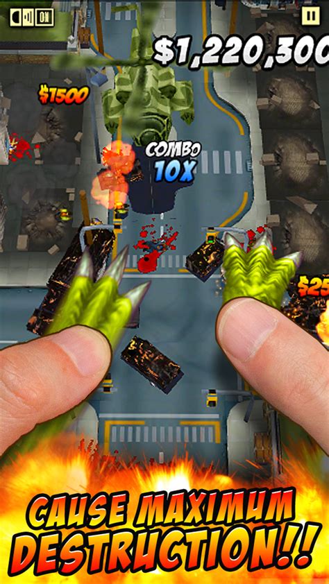 You are ThumbZilla, a crazed thumb on a rampage. Crush everything in your path and cause as much damage as you can in this infinite stomper game. Topple buildings, crush cars, kick tanks and trample puny humans as they run for their lives. But watch out, the city is prepared to fight back, with police, soldiers, jeeps, tanks and gunships ready ... 