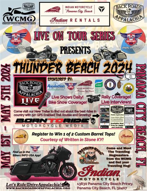 Thunder beach 2024. Thunder Beach Spring Rally. Panama City Beach, Florida. Date: 05/01/2024 - 05/05/2024 Starts: Daily Ends: Daily The most biker friendly rally in the country, the free four day Thunder Beach Spring Rally features 200+ vendors and exhibitors, a bike parade, beauty pageants, poker runs, live music, motorcycle stunt shows, tattoo contests, bike shows with category judging and much, much more. 