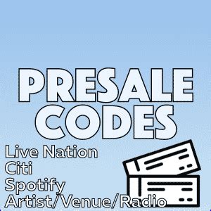 Live Nation American Express, Citi, and Chase cardholders Ticketmaster Spotify Official Platinum Presale All of the presale codes we offer on this site are free. We've helped visitors get early tickets to Drake, Taylor Swift, Ed Sheeran, and more.