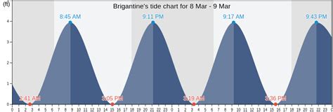 The predicted tides today for Brigantine (NJ) are: first high tide at 3:58am , first low tide at 9:55am ; second high tide at 4:35pm , second low tide at 11:11pm 7 day Brigantine tide chart. 
