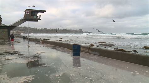 The largest tides were expected to reach San Diego County beaches at about 9 a.m. SkyRanger 7 captured waves reaching the windows of the popular beachside restaurant the Marine Room.