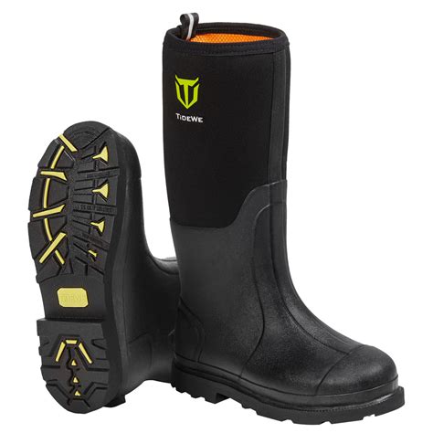 Tidewe boots. Hunting Muck Boots TIDEWE Rubber Work Boots for Men Waterproof Hunting Boots, Warm 6mm Neoprene Hunting Mud Boot Size 5-14- A steel shank is added between the insole and outsole of the boot to provide arch support and foot protection. The reinforced rubber shell also offers extra protection on the toe and heel of the boot. 