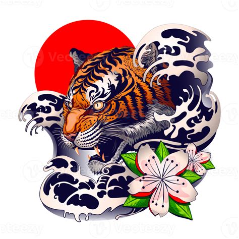 Tiger tattoo design with japanese decorative style. png transparent