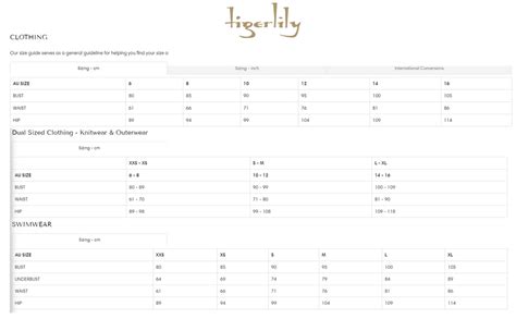 Tigerlily Size Chart A Visual Reference of Charts Chart Master