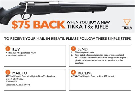 Tikka rebate 2023. Tikka rifles are innovative and durable, designed and manufactured for ultimate accuracy and performance in any situation. Tikka T3x. Tikka T3x rifles are built with long-standing gunsmith expertise based on tradition and innovation, allowing you to choose between different models for the given hunting or training purpose. 
