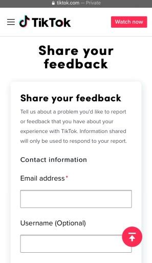 Tiktok feedback form. Jul 11, 2021 · Here’s how to get unbanned on TikTok: Navigate to the “Share your feedback” form. Fill in your contact information. Select a topic & describe what happened. 1. Navigate to the “Share your feedback” form. The first step is to navigate to the “Share your feedback” form. The “Share your feedback” form is for sharing your feedback ... 
