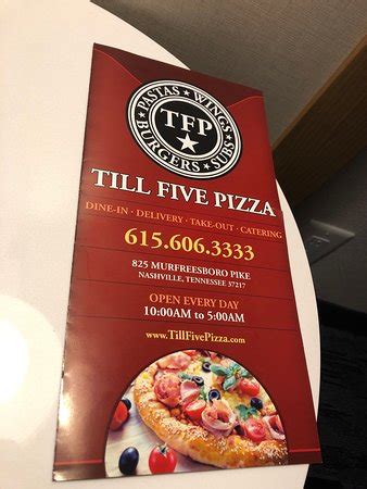 Till five pizza. Till Five Pizza Official Website. Save Money Ordering Directly Here. Healthy Options. Fast Service. Friendly Team. Top Rated. ... Pizza Delivery to Belle Meade. Best Pizzeria around Belle Meade. Order Now. Most Popular. Try our most popular items. See More Items. Supreme Pizza (Small 10") 