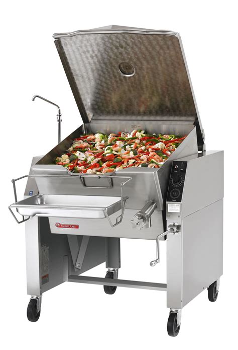 Tilted skillet. Gas Modular Tilt Skillet 40 gal 120V, 1 Phase, 50-60 Hertz. Product Overview. The GMTS-30, GMTS-40, GMTS-60 feature a spring assisted, hinged stainless steel cover with handle and a no-drip condensate guide. The pan body has a sloped front, front hinged for tilting and easy pour control, complete with removable pour lip strainer and etched ... 