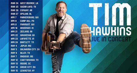 Tim hawkins tour. January 27, 2022. Nashville, TN (January 27, 2022) Christian comedian Tim Hawkins returns to the stage this spring for Tim Hawkins Live in Concert. His 20-city run kicks off March 24 in West Monroe, LA, and will run through May 15 in Lexington, KY. Every attendee is promised an enjoyable night of stories, laughs, and fun, designed to bring ... 