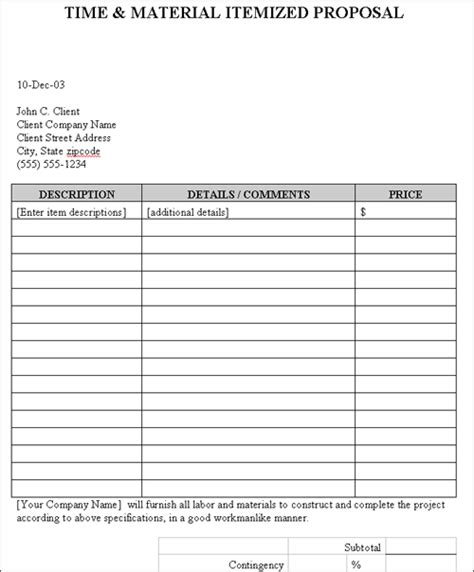 Time/Material Itemized Proposal 1 Construction Work