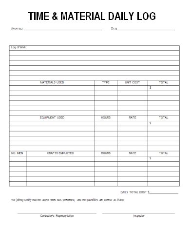 Time And Material Daily Log In Word And Pdf Formats