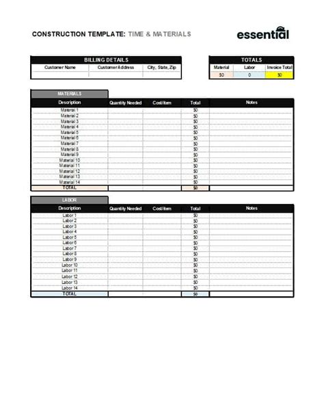 Time And Material Tracking Sheet Construction Documents And Templates