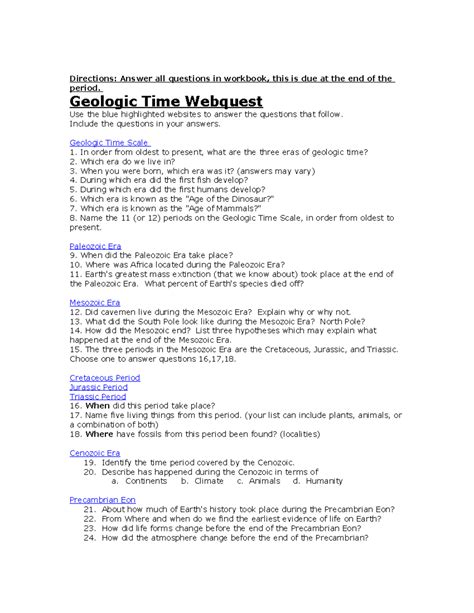 Time Answers Geologic Webquest