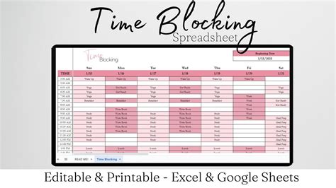 Time Blocking Google Sheets Time Blocking Schedule Template Excel
