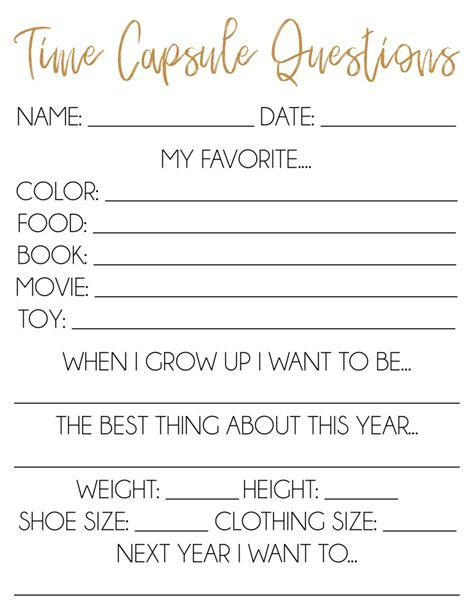 Time Capsule Questions FREE PRINTABLE v