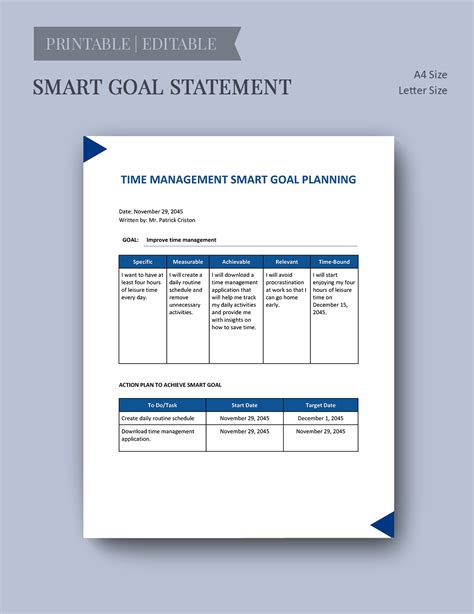 Time Management Smart Goals Template for Students Download in Word