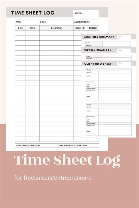 Time Sheet Log for Freelancers Printable Time Sheets for Etsy Time